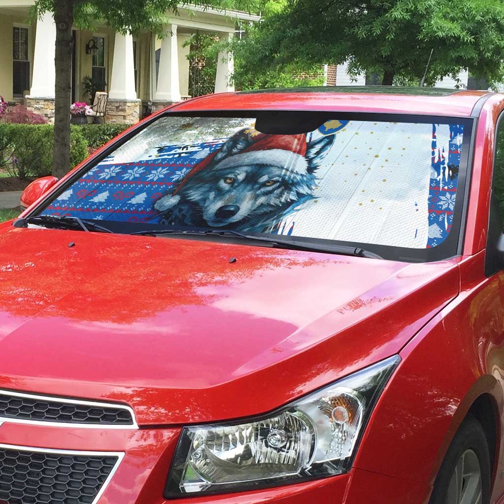 Kosovo Christmas Auto Sun Shade with Santa Wolf Snowflakes Blue Pattern and National Emblem - Wonder Print Shop
