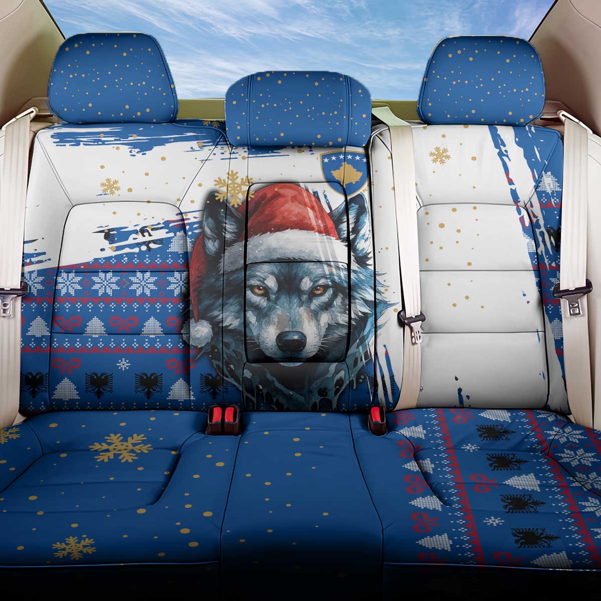Kosovo Christmas Back Car Seat Cover with Santa Wolf Snowflakes Blue Pattern and National Emblem - Wonder Print Shop