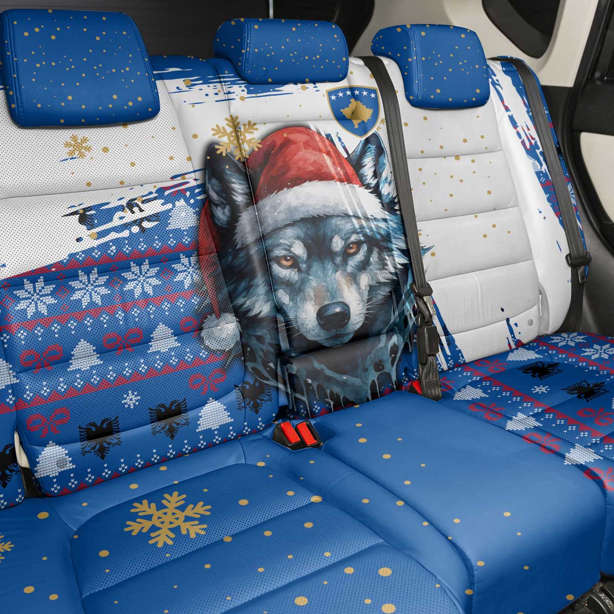 Kosovo Christmas Back Car Seat Cover with Santa Wolf Snowflakes Blue Pattern and National Emblem - Wonder Print Shop