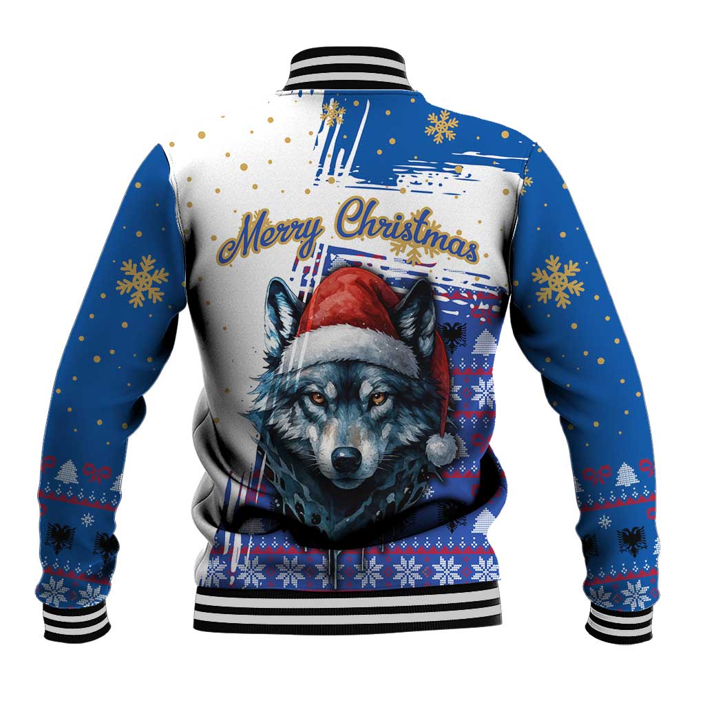 Kosovo Christmas Baseball Jacket with Santa Wolf Snowflakes Blue Pattern and National Emblem - Wonder Print Shop