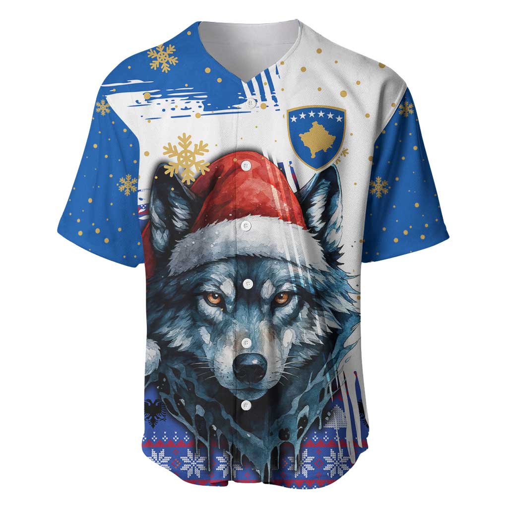 Kosovo Christmas Baseball Jersey with Santa Wolf Snowflakes Blue Pattern and National Emblem - Wonder Print Shop