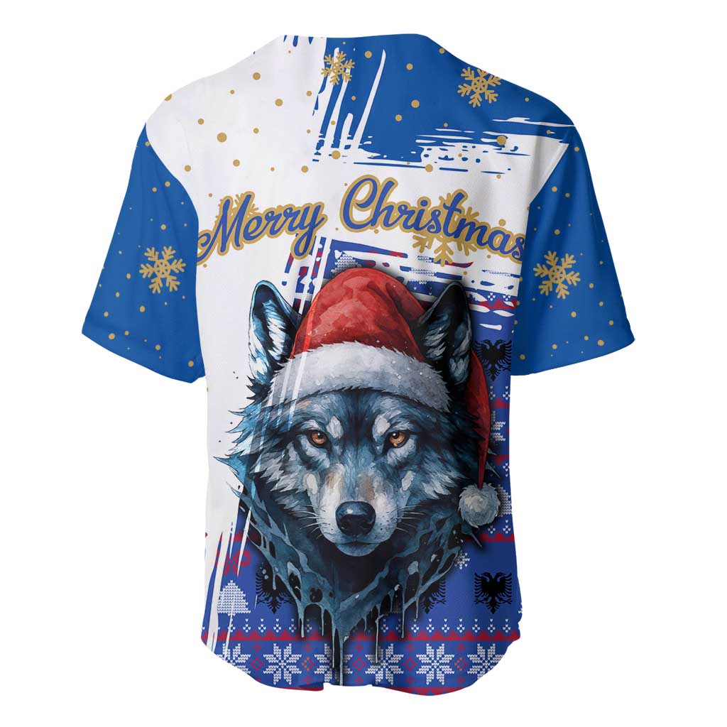 Kosovo Christmas Baseball Jersey with Santa Wolf Snowflakes Blue Pattern and National Emblem - Wonder Print Shop