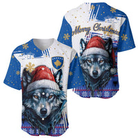 Kosovo Christmas Baseball Jersey with Santa Wolf Snowflakes Blue Pattern and National Emblem - Wonder Print Shop