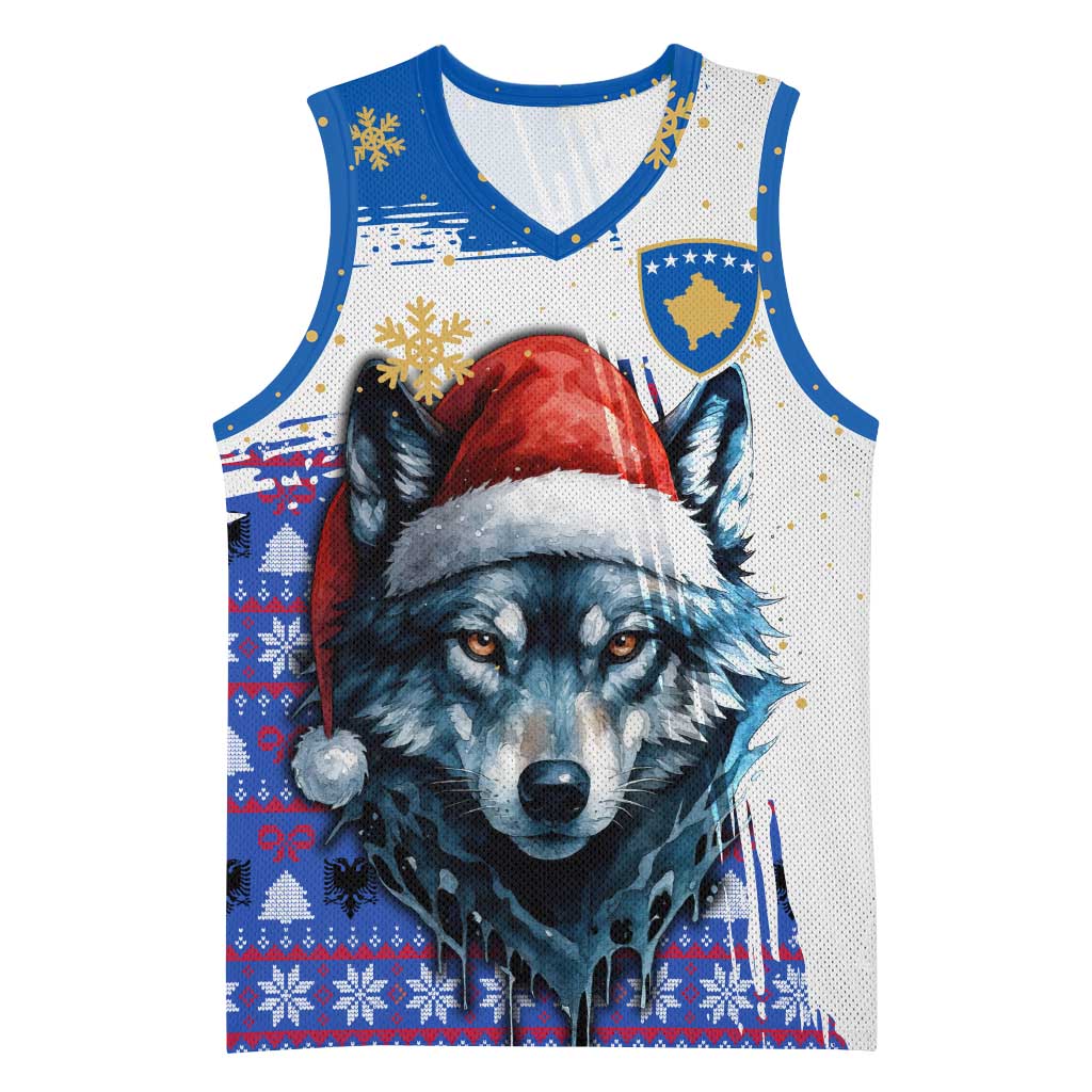 Kosovo Christmas Basketball Jersey with Santa Wolf Snowflakes Blue Pattern and National Emblem - Wonder Print Shop