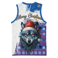 Kosovo Christmas Basketball Jersey with Santa Wolf Snowflakes Blue Pattern and National Emblem - Wonder Print Shop