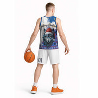 Kosovo Christmas Basketball Jersey with Santa Wolf Snowflakes Blue Pattern and National Emblem - Wonder Print Shop