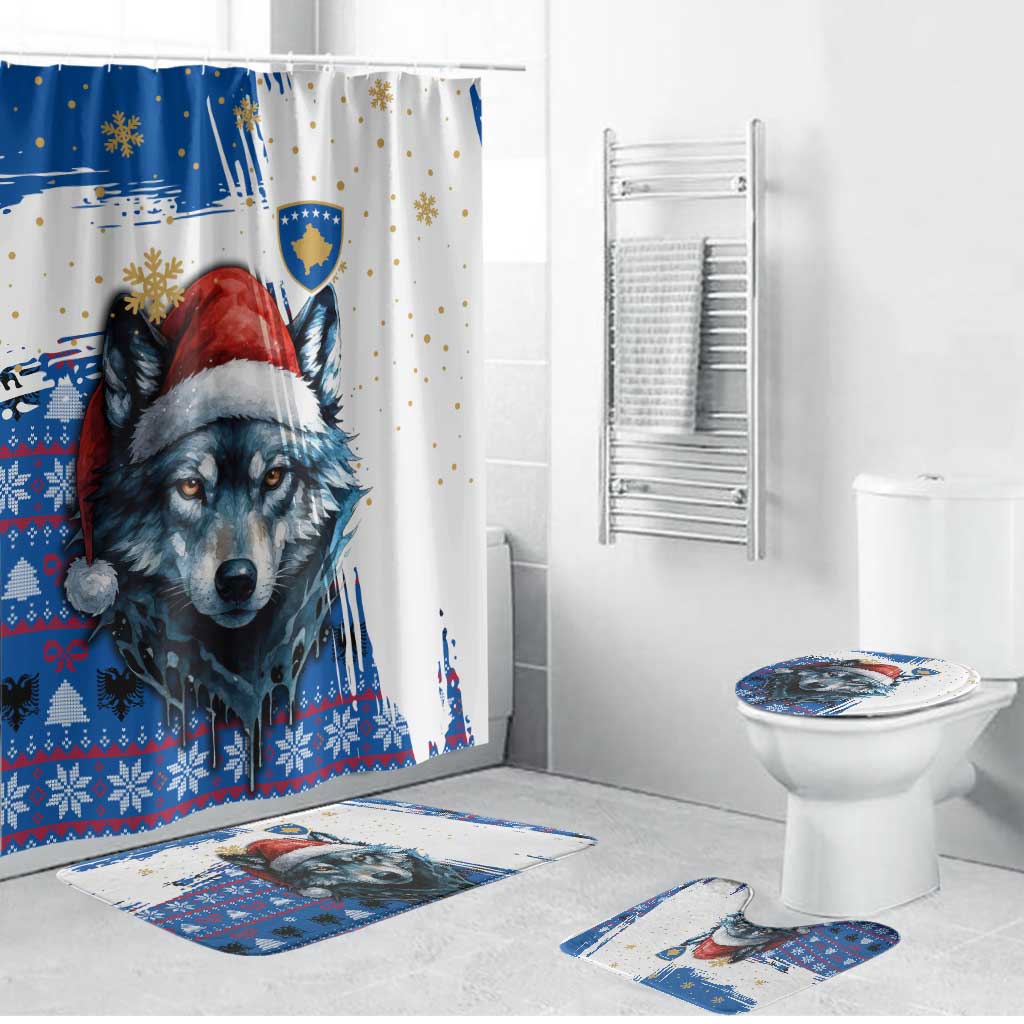 Kosovo Christmas Bathroom Set with Santa Wolf Snowflakes Blue Pattern and National Emblem - Wonder Print Shop