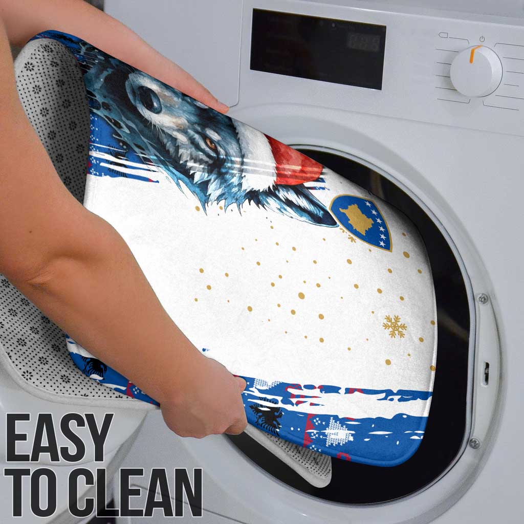 Kosovo Christmas Bathroom Set with Santa Wolf Snowflakes Blue Pattern and National Emblem - Wonder Print Shop