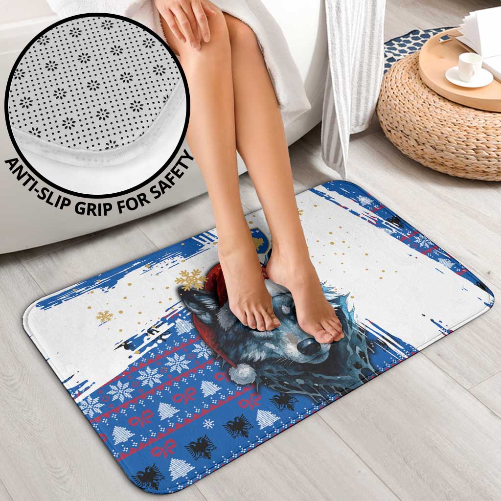Kosovo Christmas Bathroom Set with Santa Wolf Snowflakes Blue Pattern and National Emblem - Wonder Print Shop