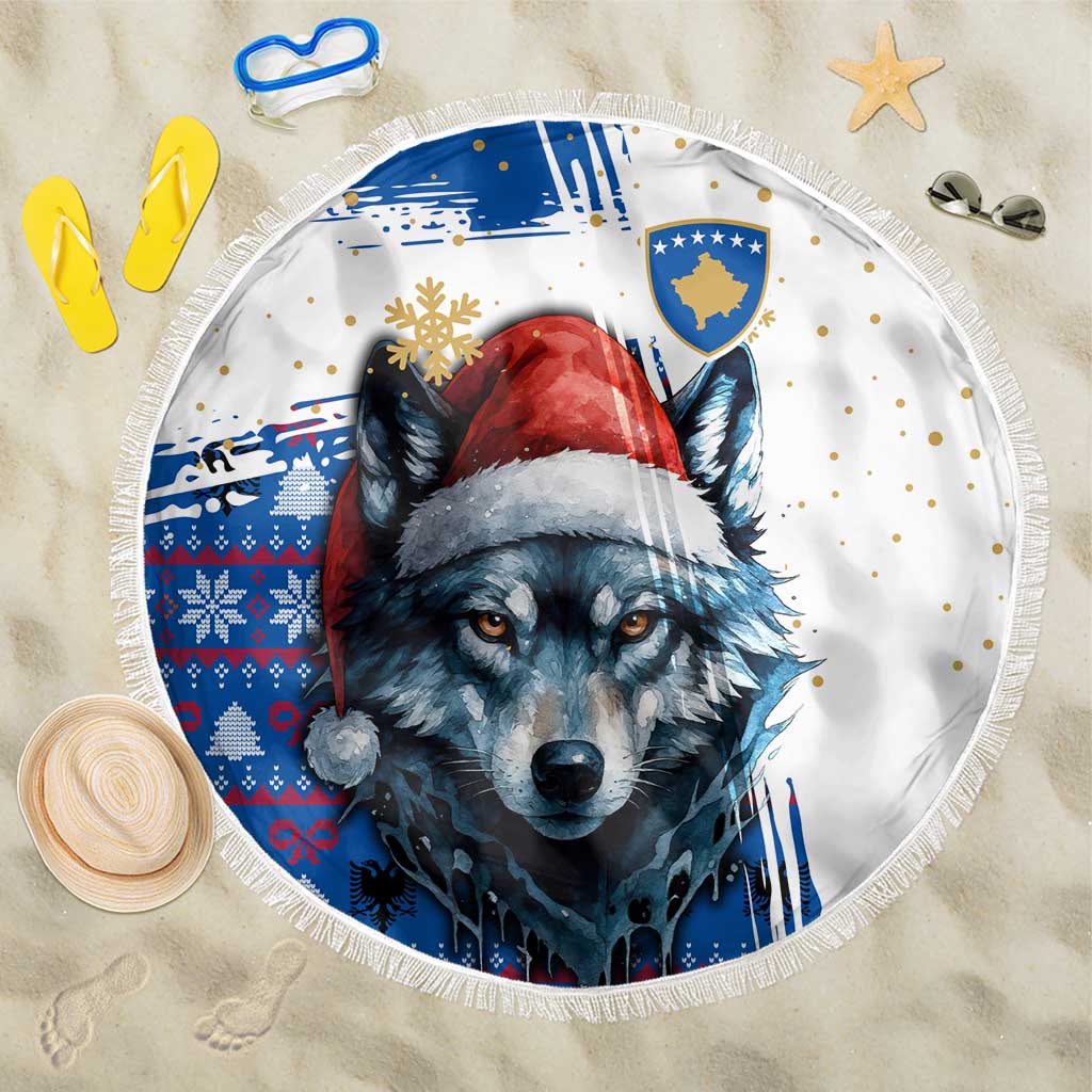 Kosovo Christmas Beach Blanket with Santa Wolf Snowflakes Blue Pattern and National Emblem - Wonder Print Shop