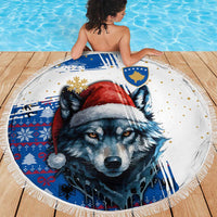 Kosovo Christmas Beach Blanket with Santa Wolf Snowflakes Blue Pattern and National Emblem - Wonder Print Shop