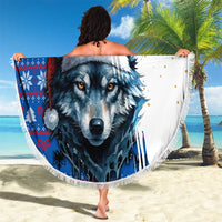 Kosovo Christmas Beach Blanket with Santa Wolf Snowflakes Blue Pattern and National Emblem - Wonder Print Shop