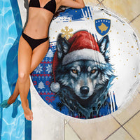 Kosovo Christmas Beach Blanket with Santa Wolf Snowflakes Blue Pattern and National Emblem - Wonder Print Shop