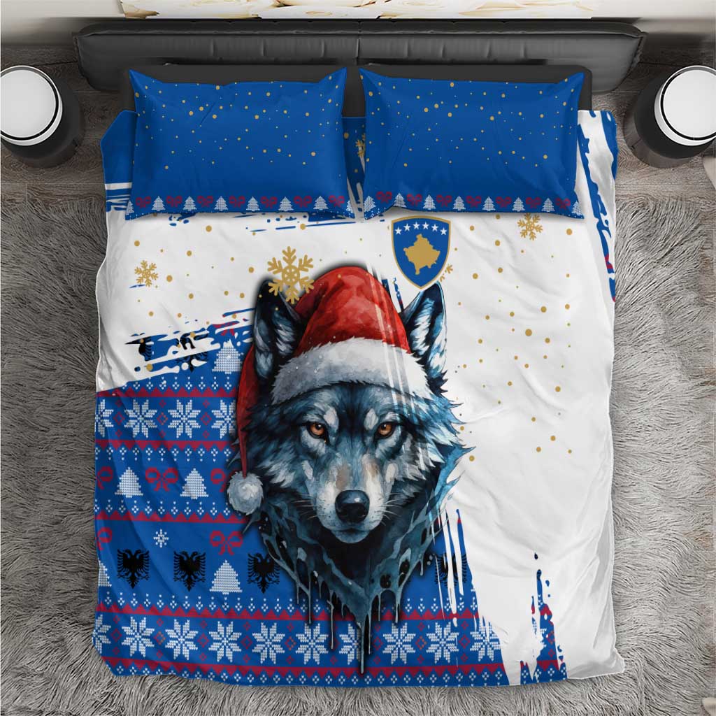 Kosovo Christmas Bedding Set with Santa Wolf Snowflakes Blue Pattern and National Emblem - Wonder Print Shop