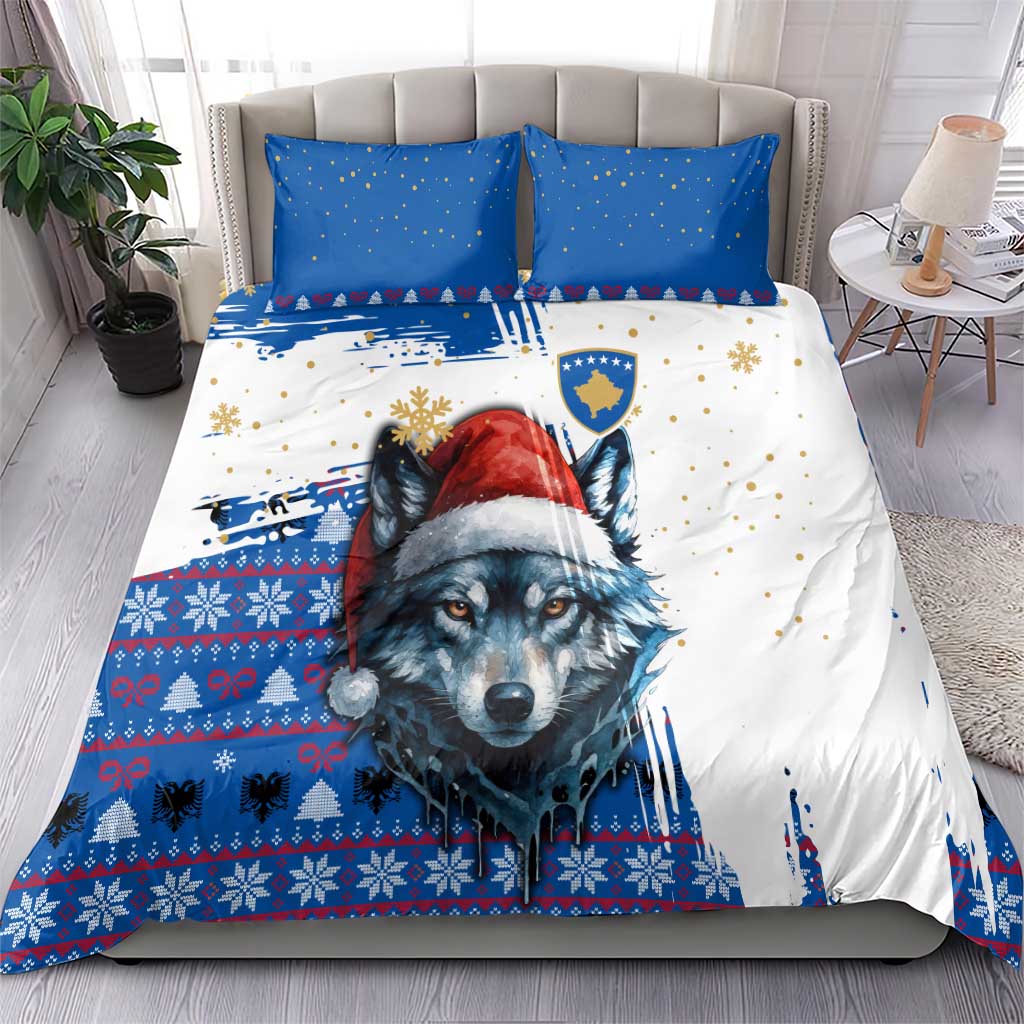 Kosovo Christmas Bedding Set with Santa Wolf Snowflakes Blue Pattern and National Emblem - Wonder Print Shop