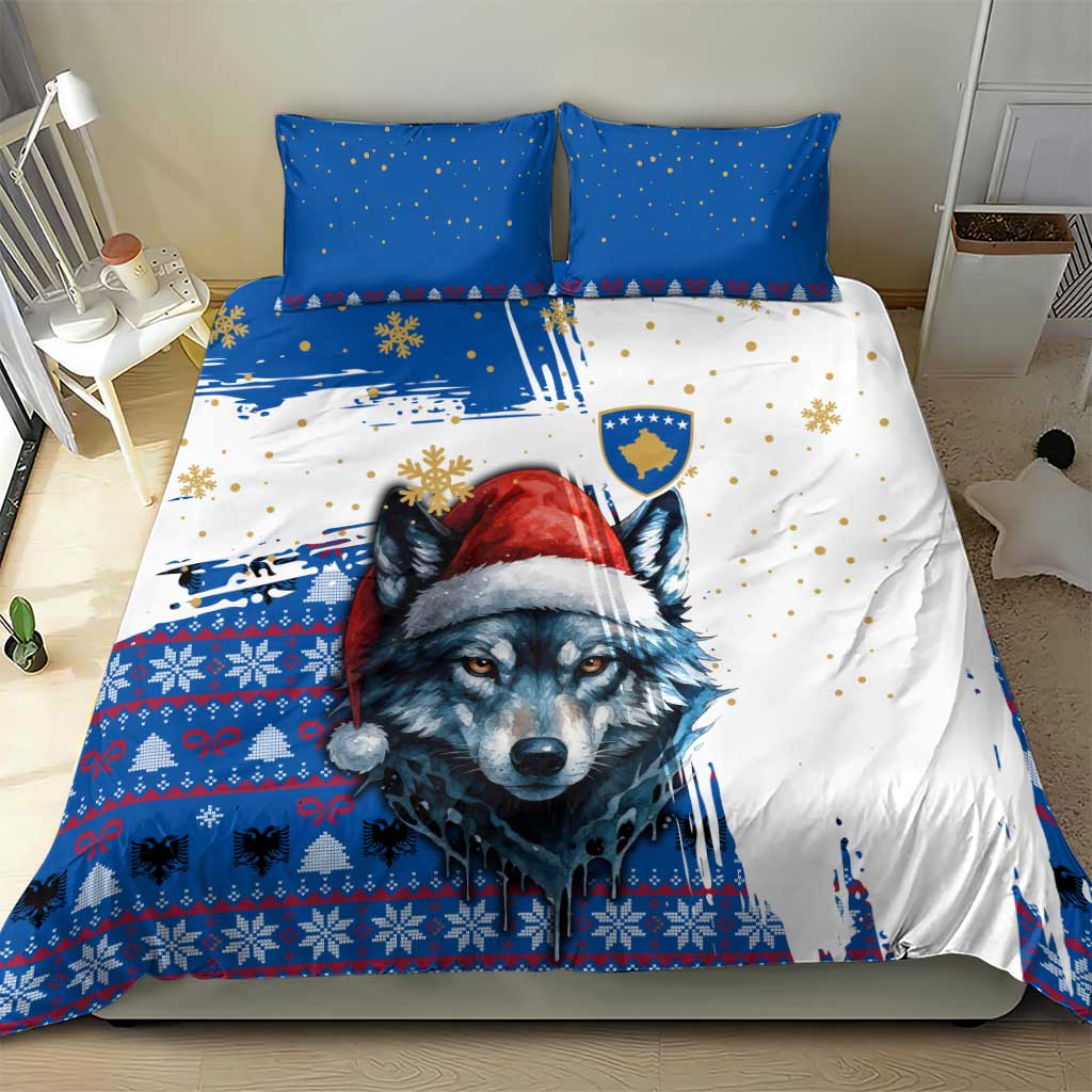 Kosovo Christmas Bedding Set with Santa Wolf Snowflakes Blue Pattern and National Emblem - Wonder Print Shop