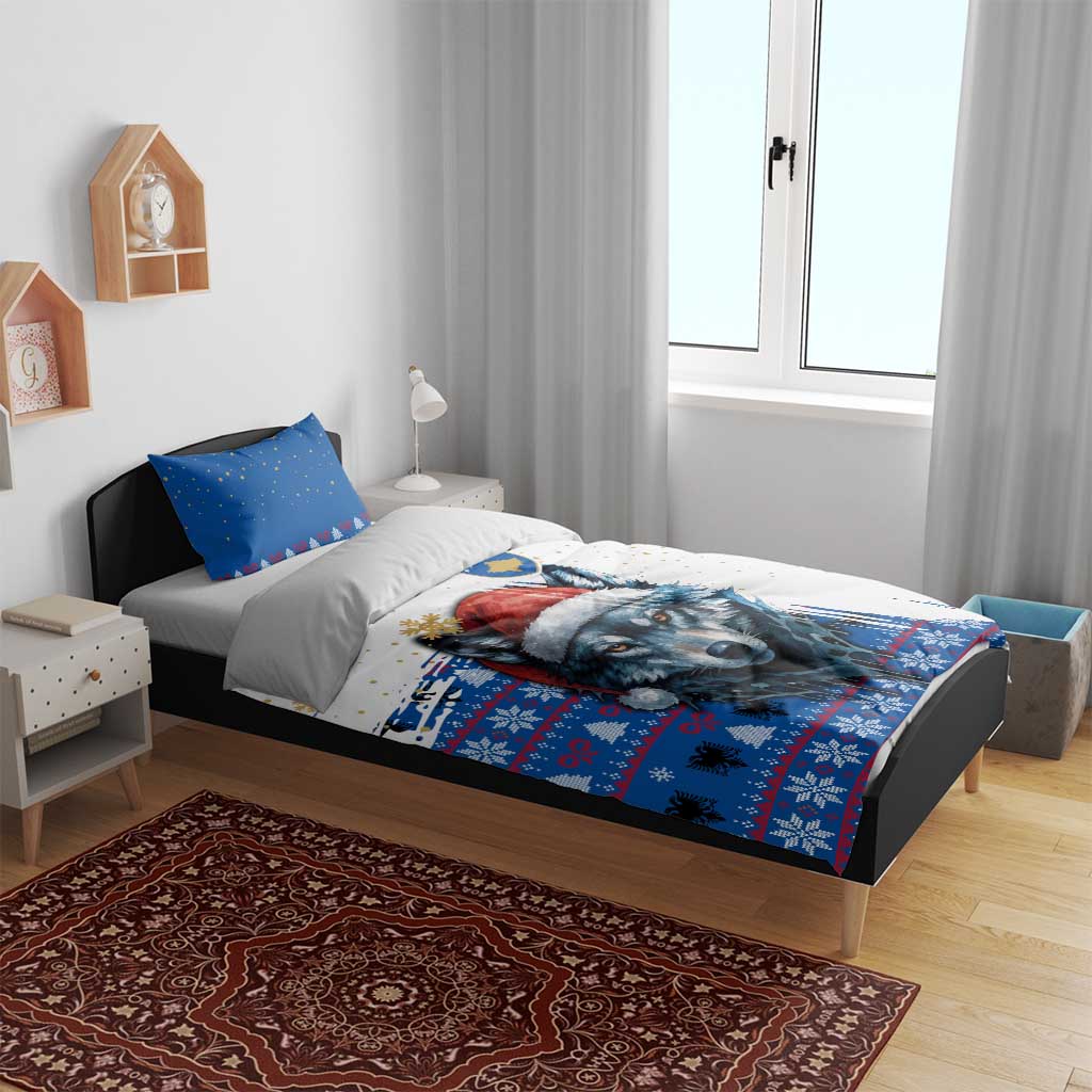 Kosovo Christmas Bedding Set with Santa Wolf Snowflakes Blue Pattern and National Emblem - Wonder Print Shop