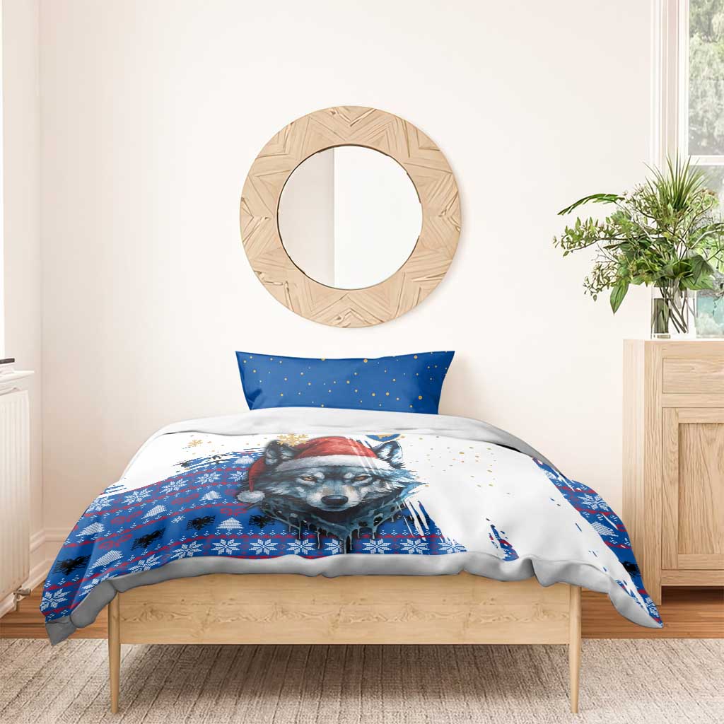 Kosovo Christmas Bedding Set with Santa Wolf Snowflakes Blue Pattern and National Emblem - Wonder Print Shop