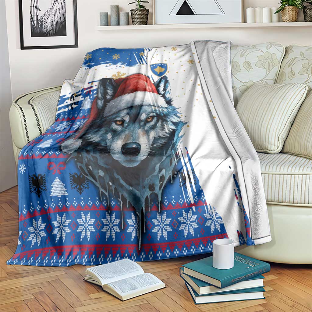 Kosovo Christmas Blanket with Santa Wolf Snowflakes Blue Pattern and National Emblem - Wonder Print Shop
