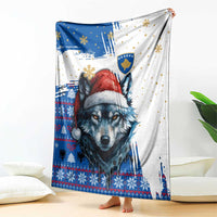 Kosovo Christmas Blanket with Santa Wolf Snowflakes Blue Pattern and National Emblem - Wonder Print Shop