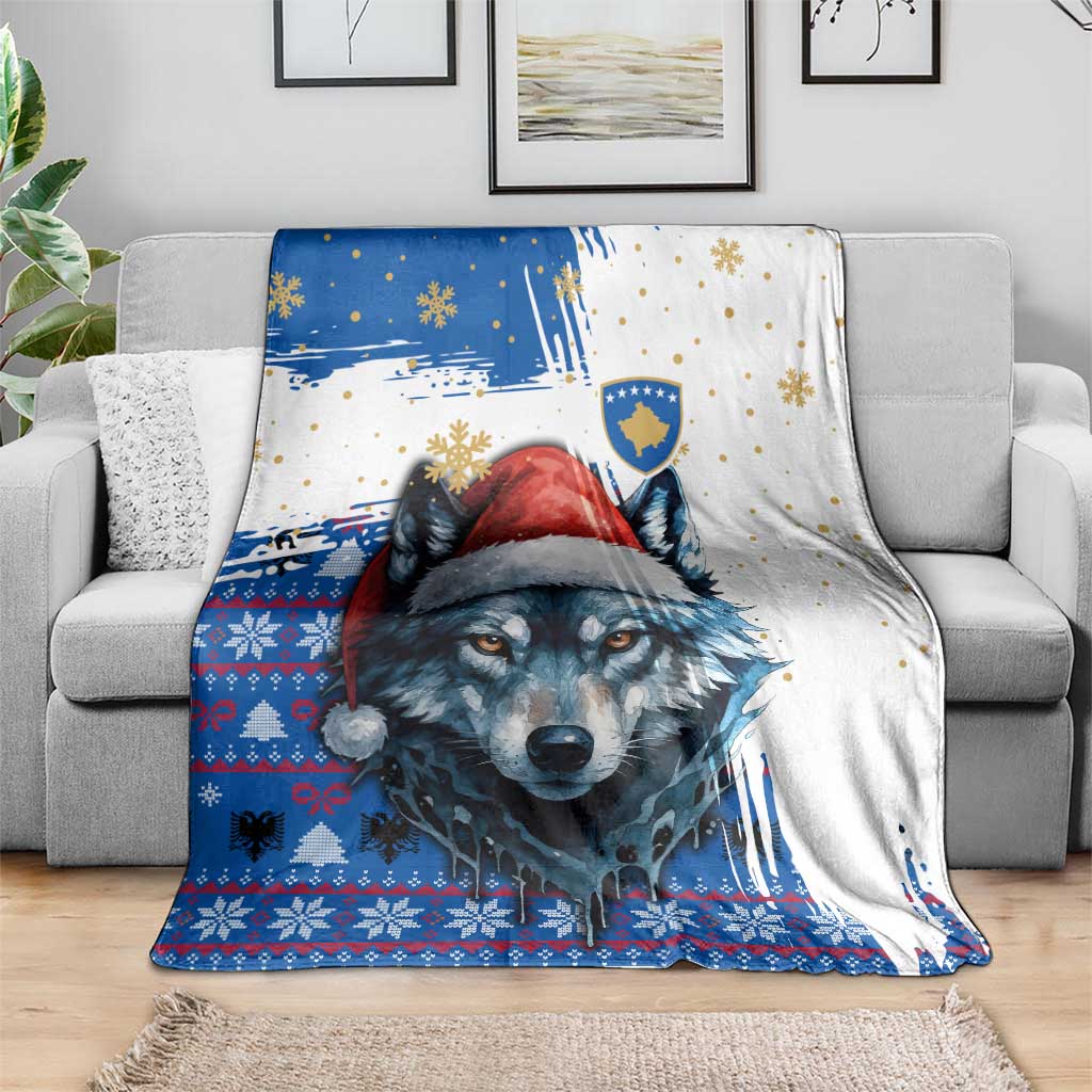 Kosovo Christmas Blanket with Santa Wolf Snowflakes Blue Pattern and National Emblem - Wonder Print Shop