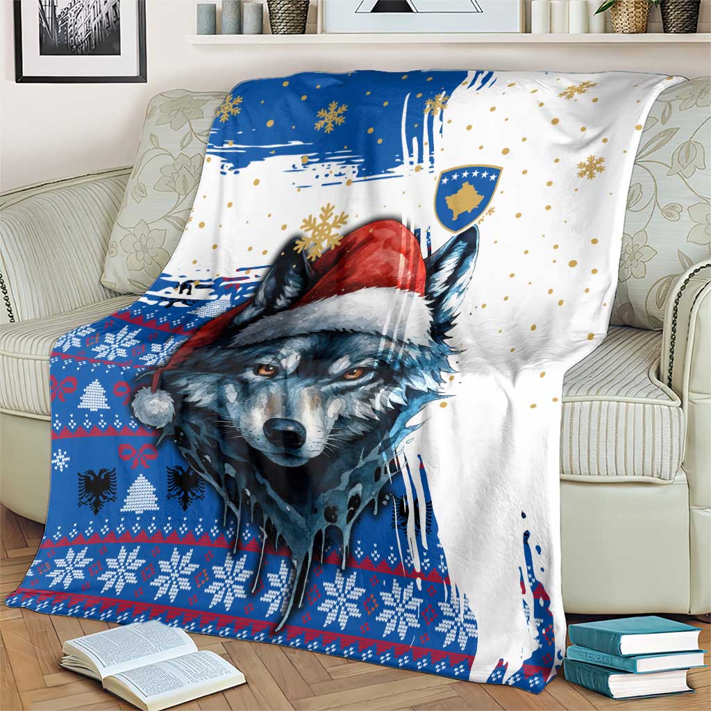 Kosovo Christmas Blanket with Santa Wolf Snowflakes Blue Pattern and National Emblem - Wonder Print Shop