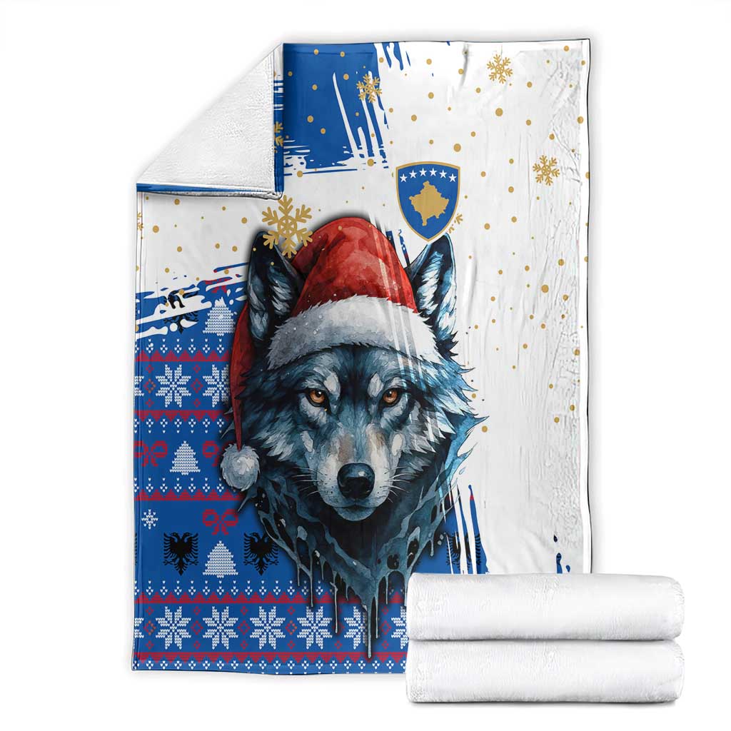Kosovo Christmas Blanket with Santa Wolf Snowflakes Blue Pattern and National Emblem - Wonder Print Shop
