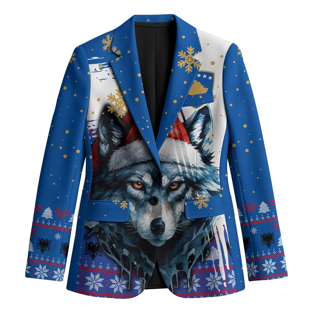Kosovo Christmas Blazer with Santa Wolf Snowflakes Blue Pattern and National Emblem - Wonder Print Shop