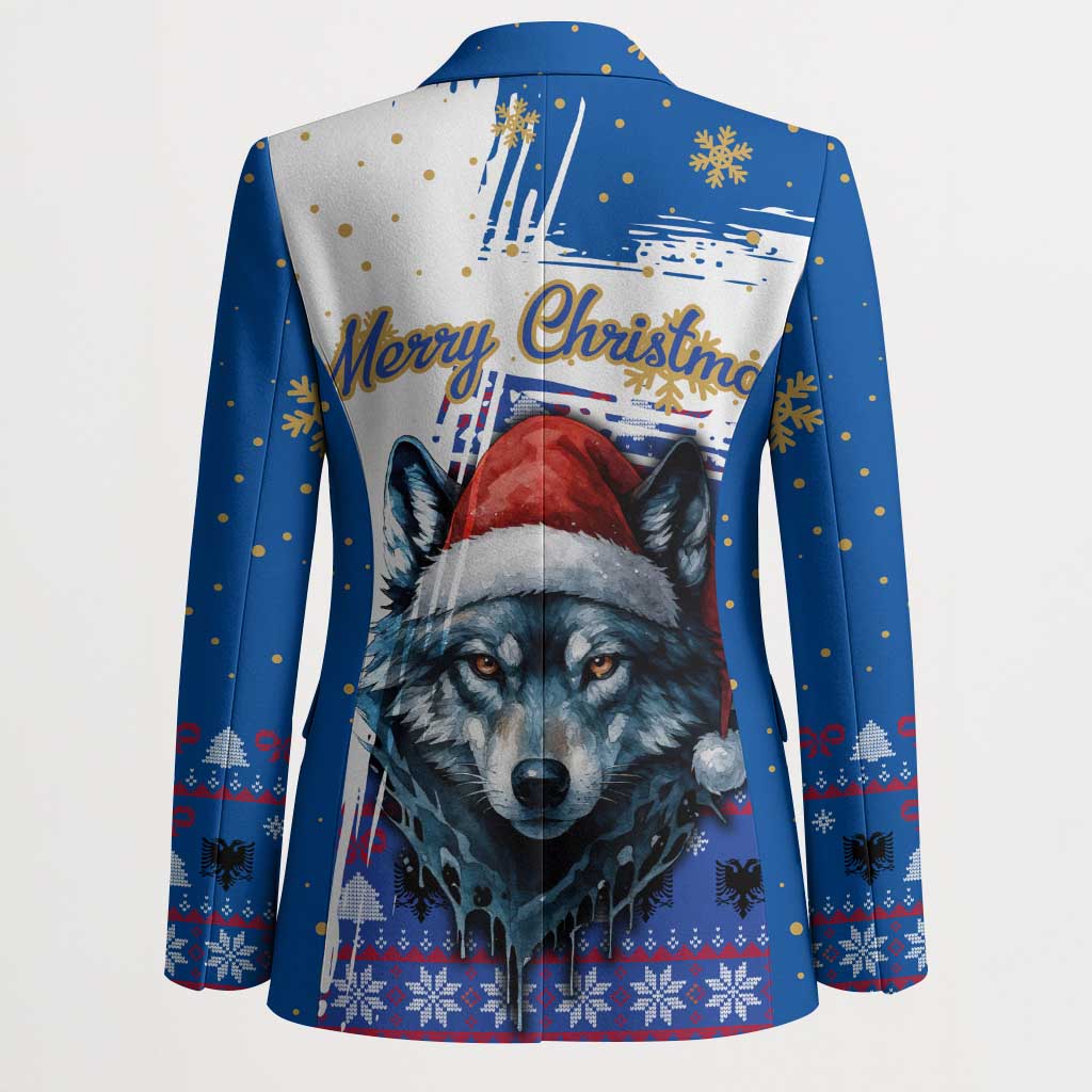 Kosovo Christmas Blazer with Santa Wolf Snowflakes Blue Pattern and National Emblem - Wonder Print Shop