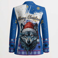 Kosovo Christmas Blazer with Santa Wolf Snowflakes Blue Pattern and National Emblem - Wonder Print Shop