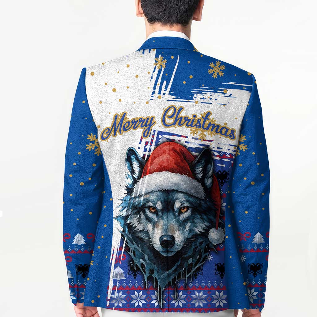 Kosovo Christmas Blazer with Santa Wolf Snowflakes Blue Pattern and National Emblem - Wonder Print Shop