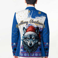 Kosovo Christmas Blazer with Santa Wolf Snowflakes Blue Pattern and National Emblem - Wonder Print Shop