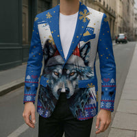 Kosovo Christmas Blazer with Santa Wolf Snowflakes Blue Pattern and National Emblem - Wonder Print Shop