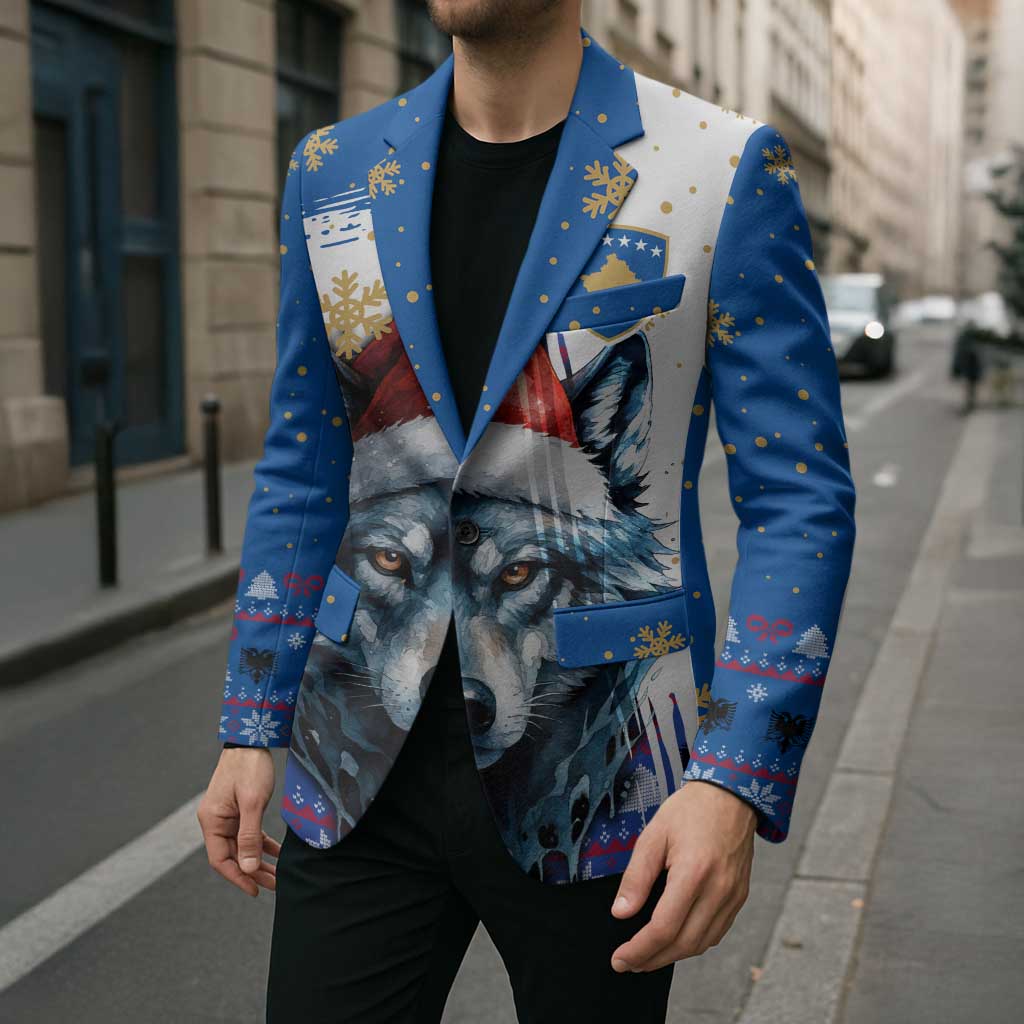 Kosovo Christmas Blazer with Santa Wolf Snowflakes Blue Pattern and National Emblem - Wonder Print Shop