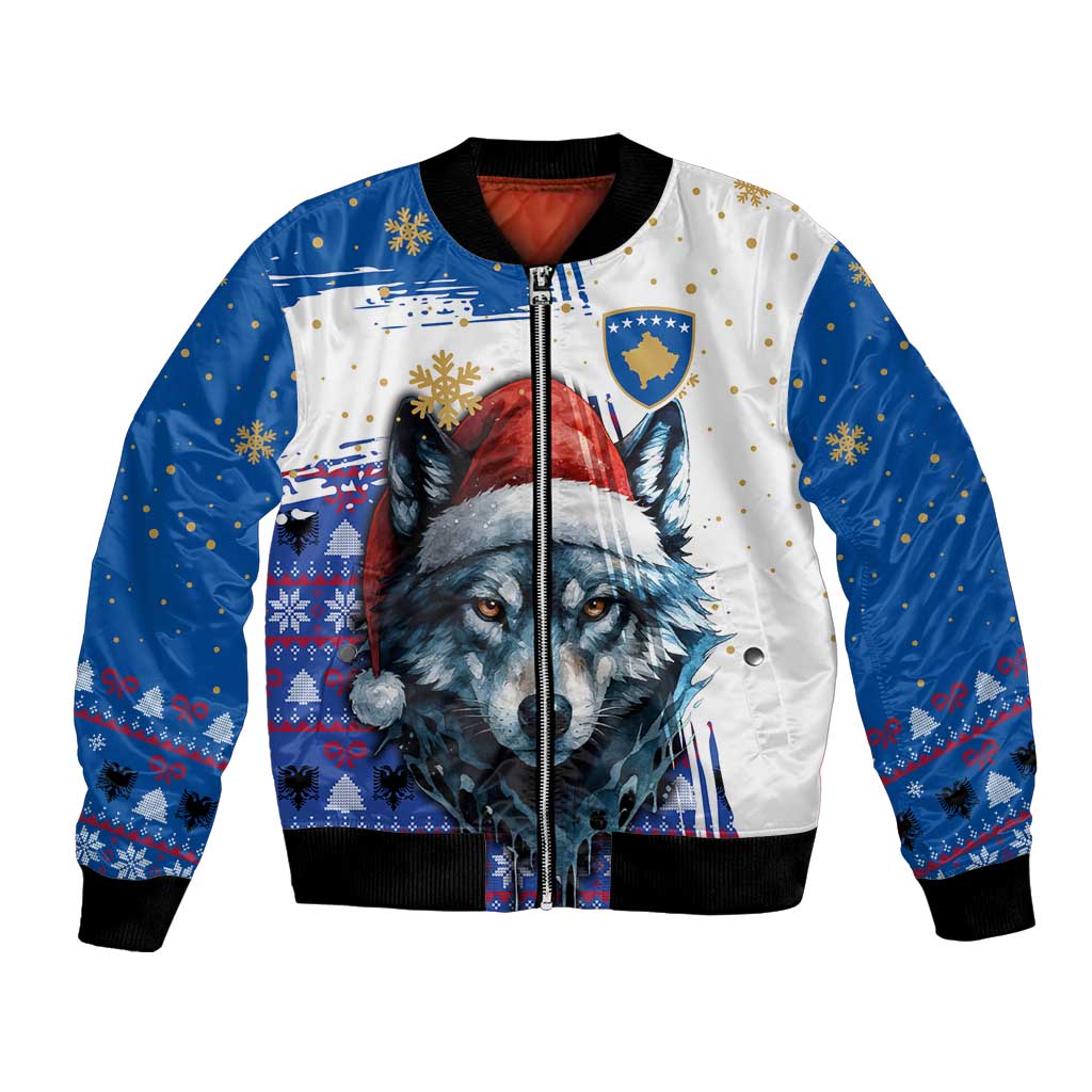 Kosovo Christmas Bomber Jacket with Santa Wolf Snowflakes Blue Pattern and National Emblem - Wonder Print Shop