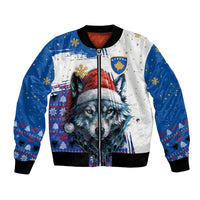 Kosovo Christmas Bomber Jacket with Santa Wolf Snowflakes Blue Pattern and National Emblem - Wonder Print Shop