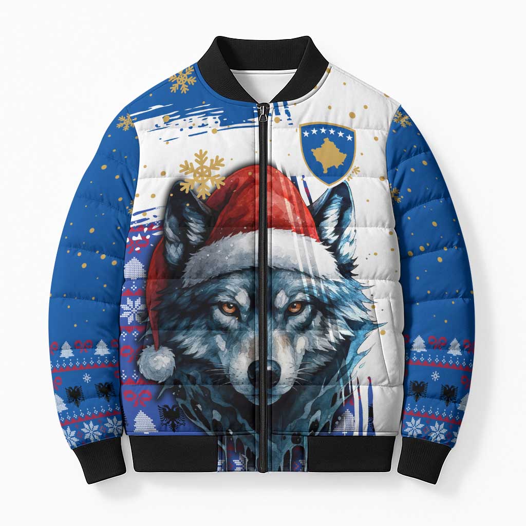 Kosovo Christmas Bomber Puffer Jacket with Santa Wolf Snowflakes Blue Pattern and National Emblem - Wonder Print Shop