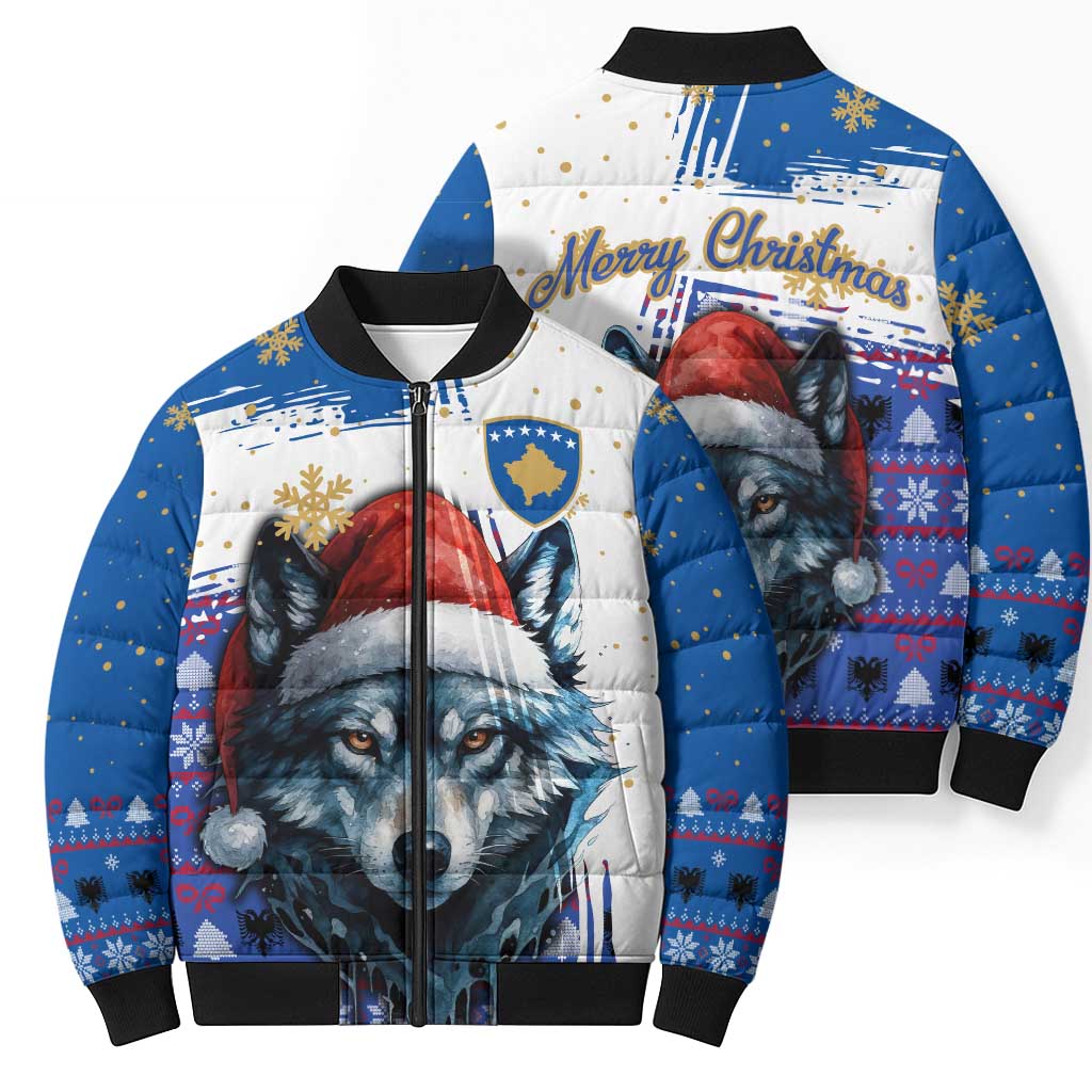 Kosovo Christmas Bomber Puffer Jacket with Santa Wolf Snowflakes Blue Pattern and National Emblem - Wonder Print Shop