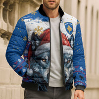 Kosovo Christmas Bomber Puffer Jacket with Santa Wolf Snowflakes Blue Pattern and National Emblem - Wonder Print Shop