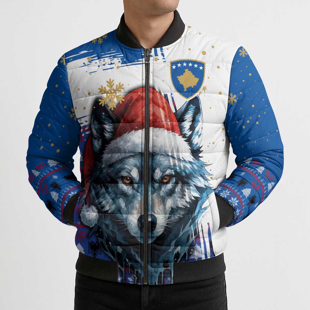Kosovo Christmas Bomber Puffer Jacket with Santa Wolf Snowflakes Blue Pattern and National Emblem - Wonder Print Shop