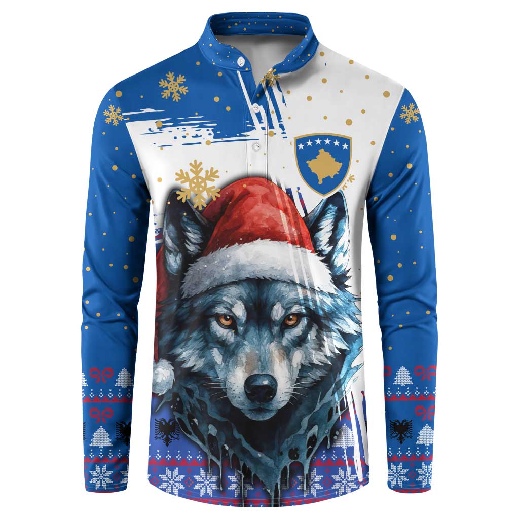 Kosovo Christmas Button Sweatshirt with Santa Wolf Snowflakes Blue Pattern and National Emblem - Wonder Print Shop