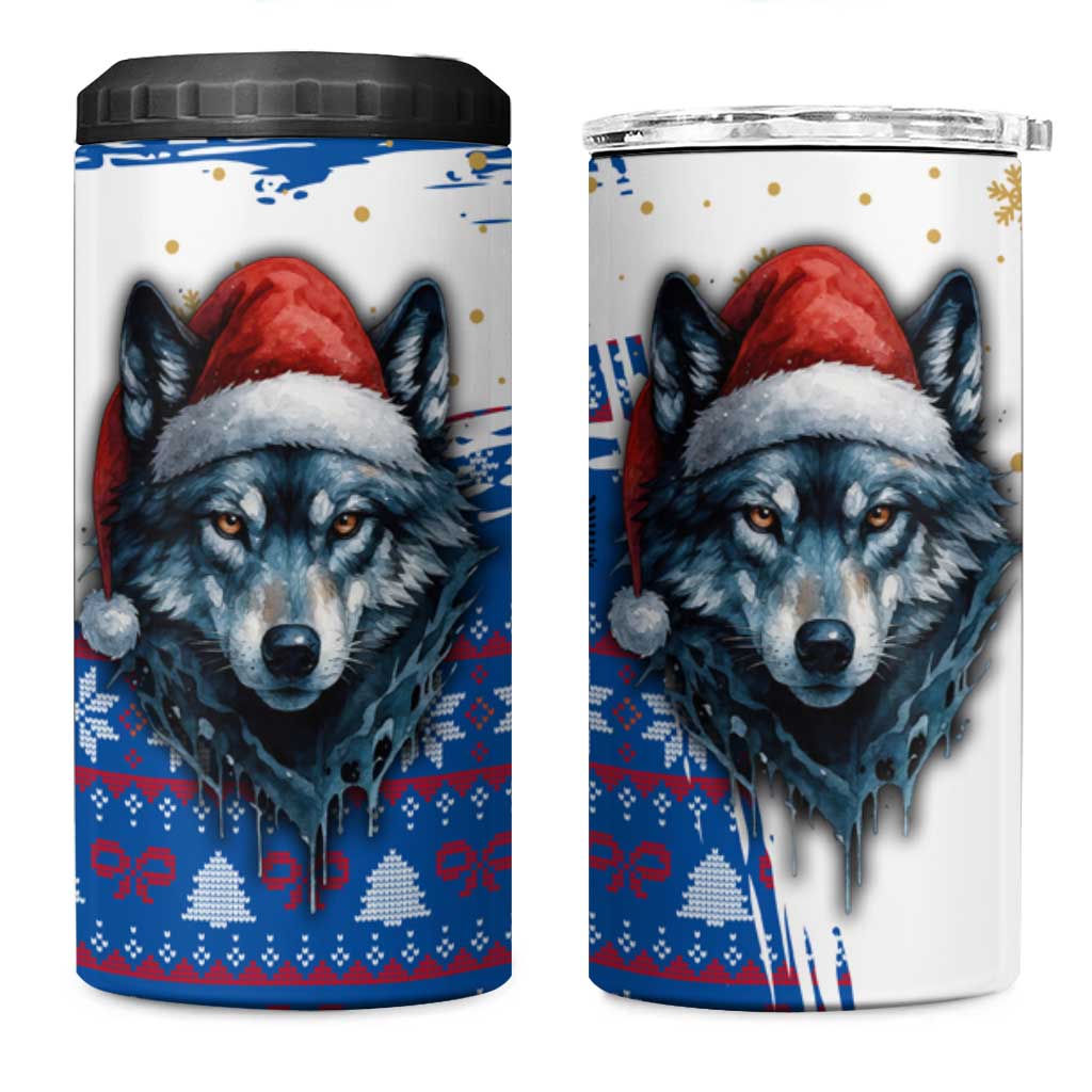 Kosovo Christmas 4 in 1 Can Cooler Tumbler with Santa Wolf Snowflakes Blue Pattern and National Emblem - Wonder Print Shop