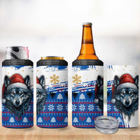 Kosovo Christmas 4 in 1 Can Cooler Tumbler with Santa Wolf Snowflakes Blue Pattern and National Emblem - Wonder Print Shop