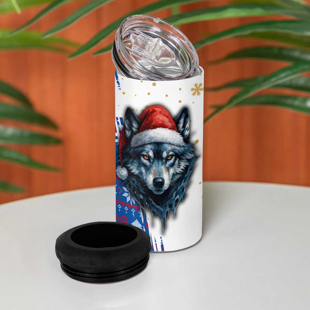 Kosovo Christmas 4 in 1 Can Cooler Tumbler with Santa Wolf Snowflakes Blue Pattern and National Emblem - Wonder Print Shop