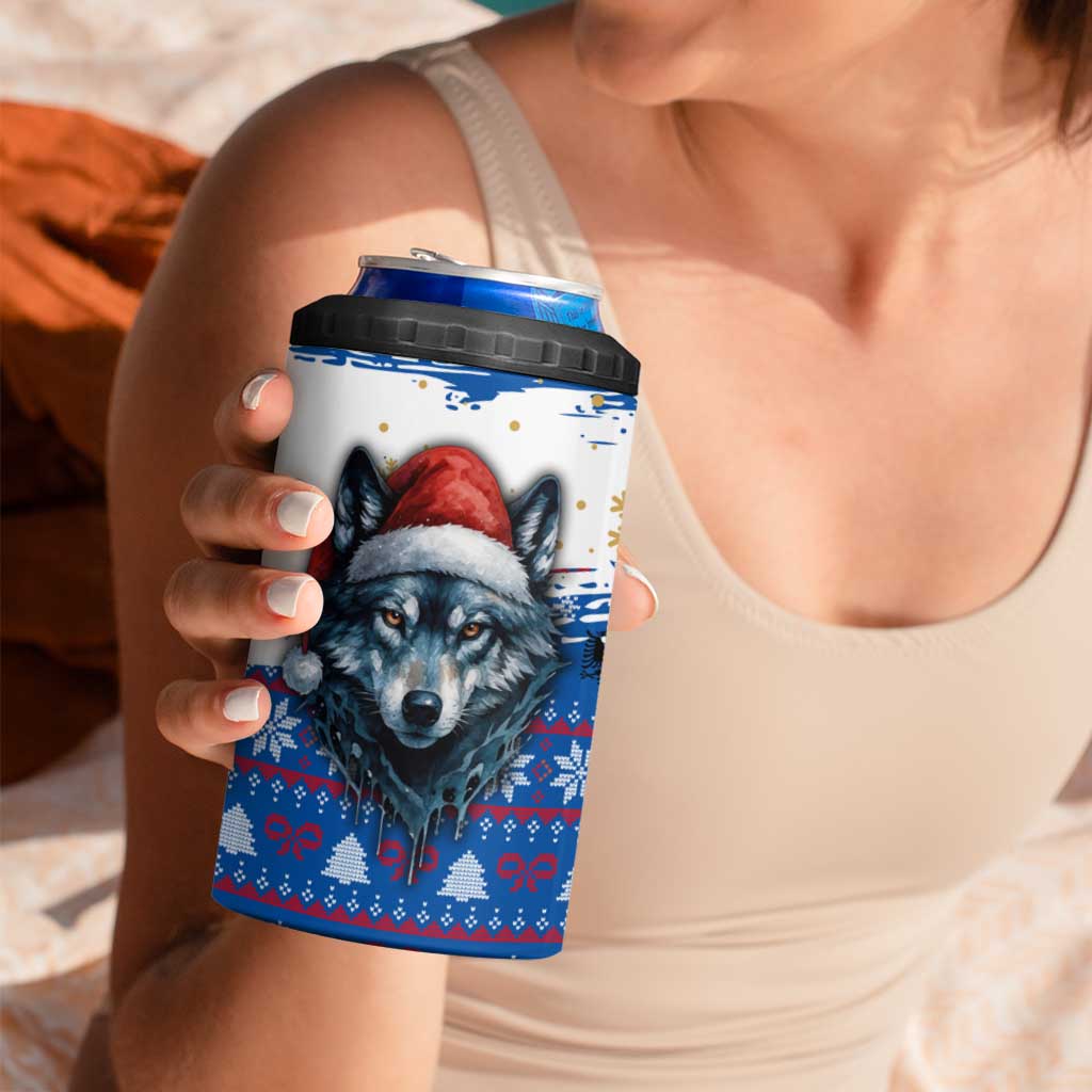 Kosovo Christmas 4 in 1 Can Cooler Tumbler with Santa Wolf Snowflakes Blue Pattern and National Emblem - Wonder Print Shop