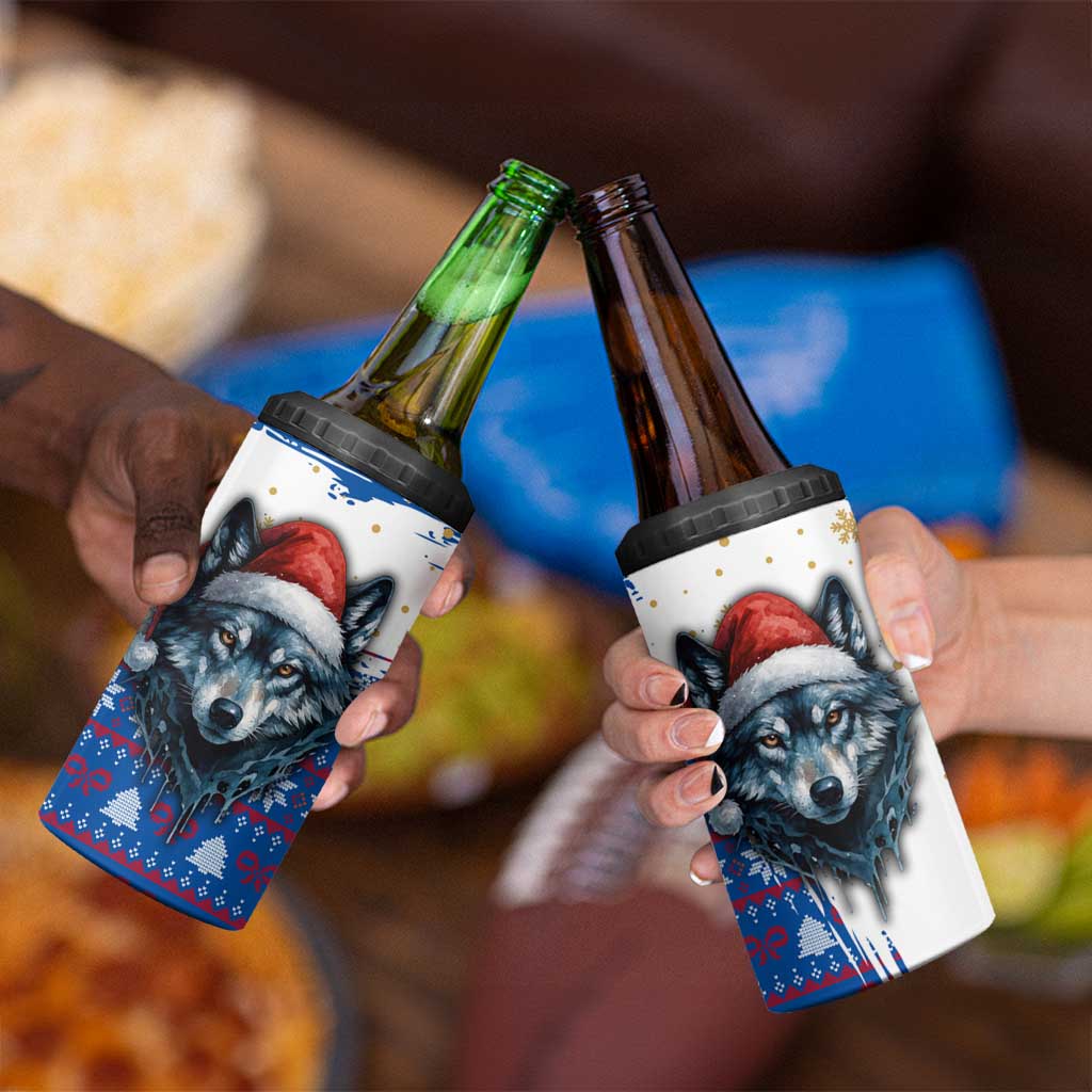 Kosovo Christmas 4 in 1 Can Cooler Tumbler with Santa Wolf Snowflakes Blue Pattern and National Emblem - Wonder Print Shop