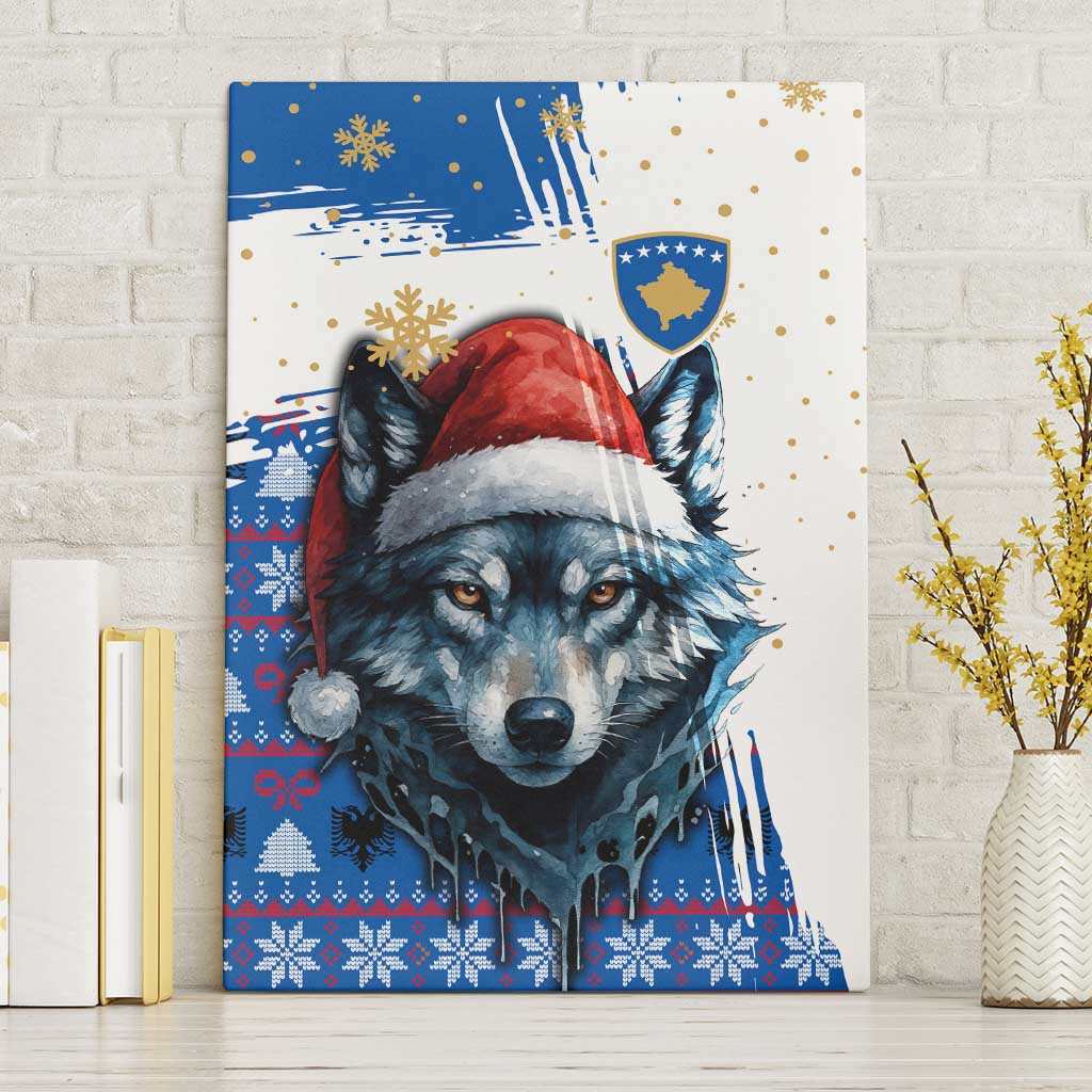 Kosovo Christmas Canvas Wall Art with Santa Wolf Snowflakes Blue Pattern and National Emblem - Wonder Print Shop
