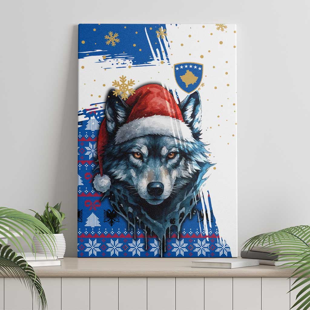 Kosovo Christmas Canvas Wall Art with Santa Wolf Snowflakes Blue Pattern and National Emblem - Wonder Print Shop