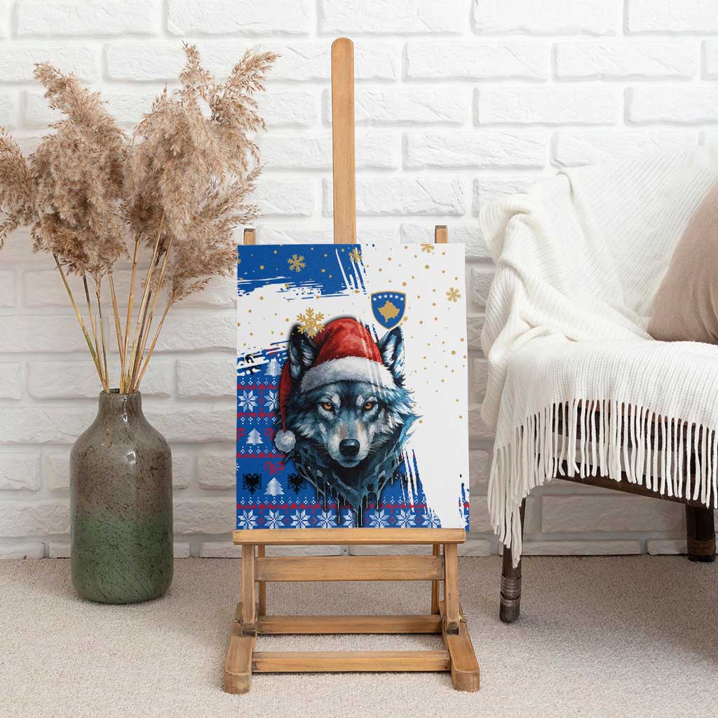 Kosovo Christmas Canvas Wall Art with Santa Wolf Snowflakes Blue Pattern and National Emblem - Wonder Print Shop