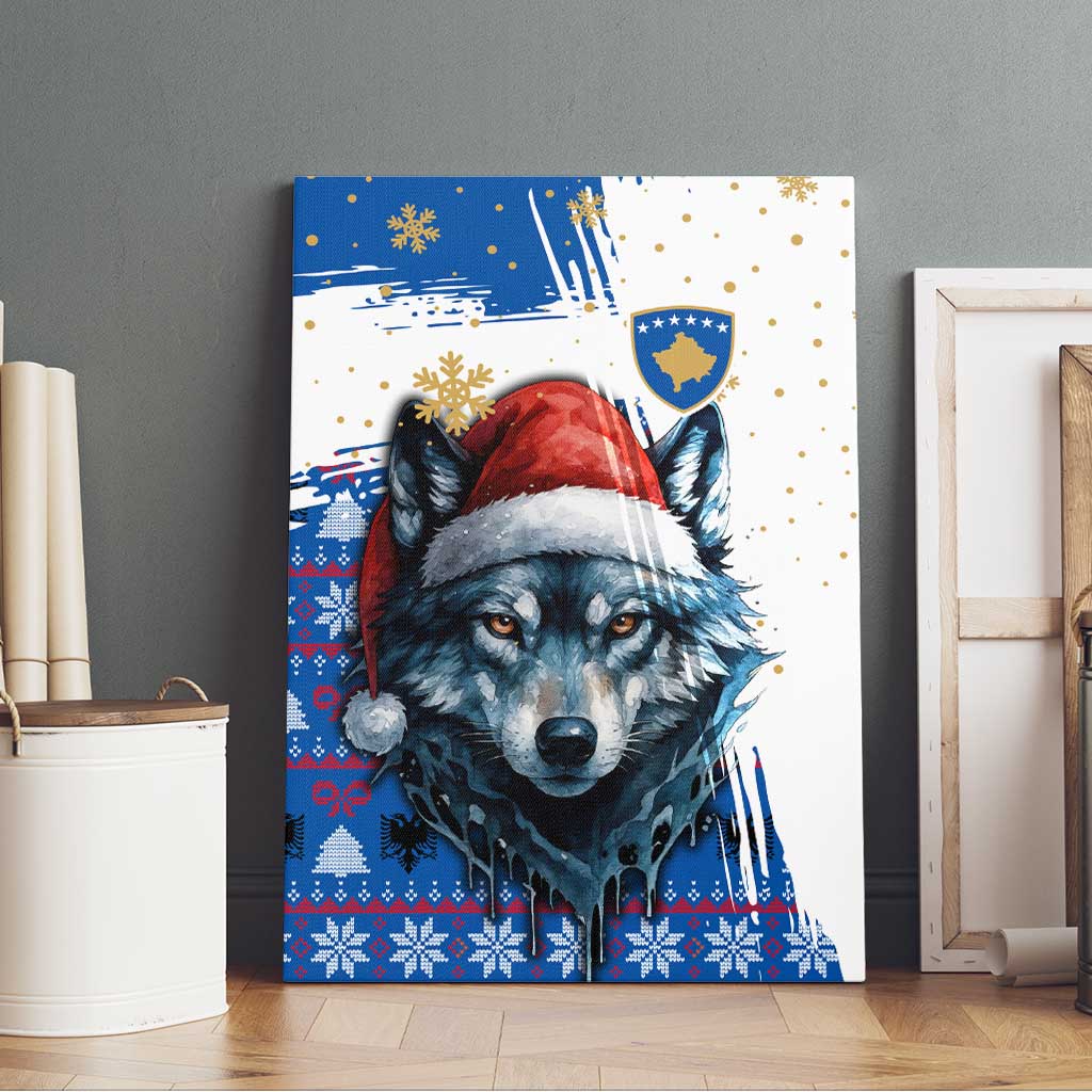Kosovo Christmas Canvas Wall Art with Santa Wolf Snowflakes Blue Pattern and National Emblem - Wonder Print Shop